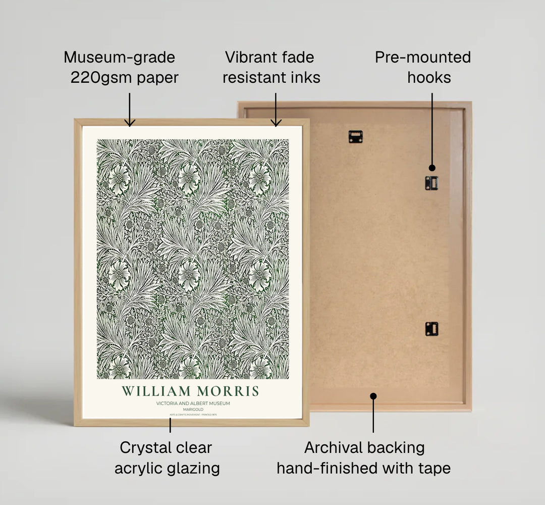Close-up view of cream marigold petals, scrolling vines, and green background details from the William Morris Marigold poster. MapYourDreams offers versatile framed, unframed, and canvas options available online.