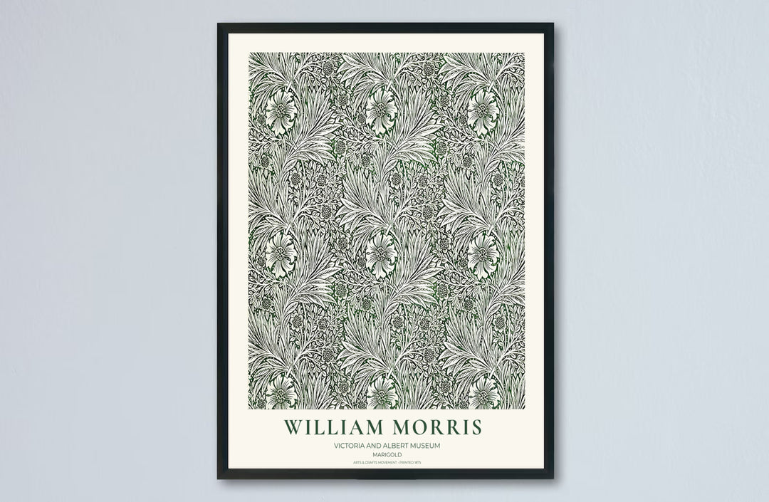 Vintage English heritage poster showing a dense green tapestry of William Morris Marigold vines on paper. Explore our selection of framed, unframed, and canvas options available at MapYourDreams.