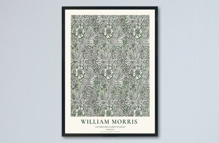 Vintage English heritage poster showing a dense green tapestry of William Morris Marigold vines on paper. Explore our selection of framed, unframed, and canvas options available at MapYourDreams.