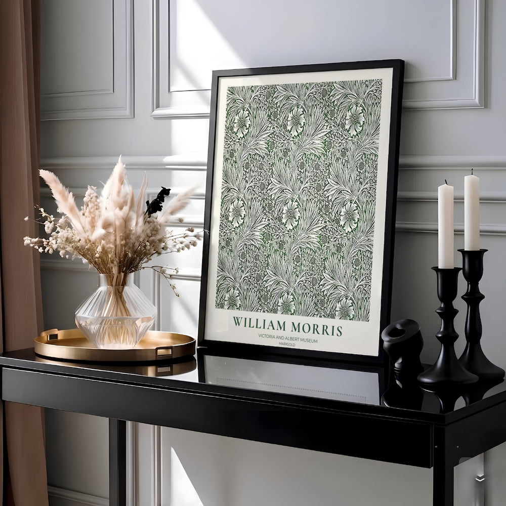 Intricate 1875 William Morris Marigold wallpaper pattern in soothing green and cream with V&A museum text. Shop high quality framed, unframed, and canvas options available today at MapYourDreams.