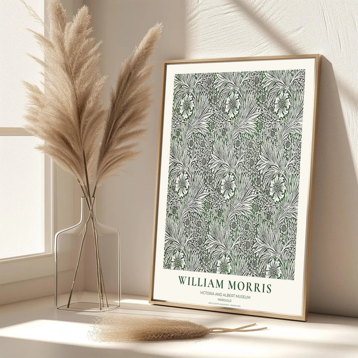 Vibrant botanical gallery wall piece featuring William Morris Marigold foliage in olive green and soft cream. Shop versatile framed, unframed, and canvas options available at MapYourDreams.