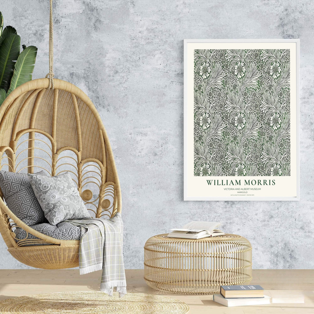 Archival exhibition poster of the green cream William Morris Marigold design with Victoria &amp; Albert Museum text. Discover our tailored framed, unframed, and canvas options available at MapYourDreams.