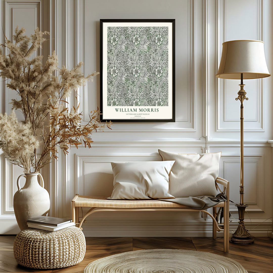 Peaceful living room art print displaying the 1875 William Morris Marigold layout in olive green and cream. MapYourDreams has ready-to-hang framed, unframed, and canvas options available for decor.