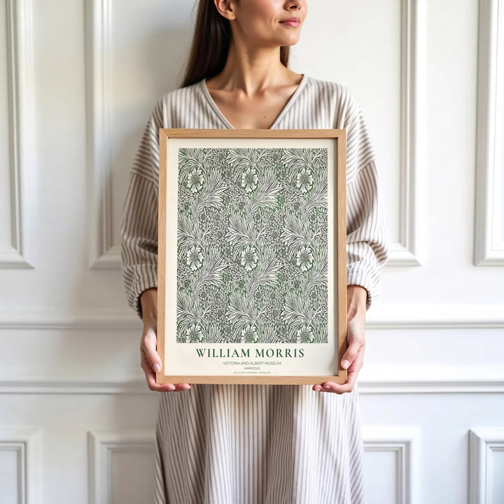 Fine art print of the William Morris Marigold design, displaying historic botanical craftsmanship in green and cream. MapYourDreams features top quality framed, unframed, and canvas options available.