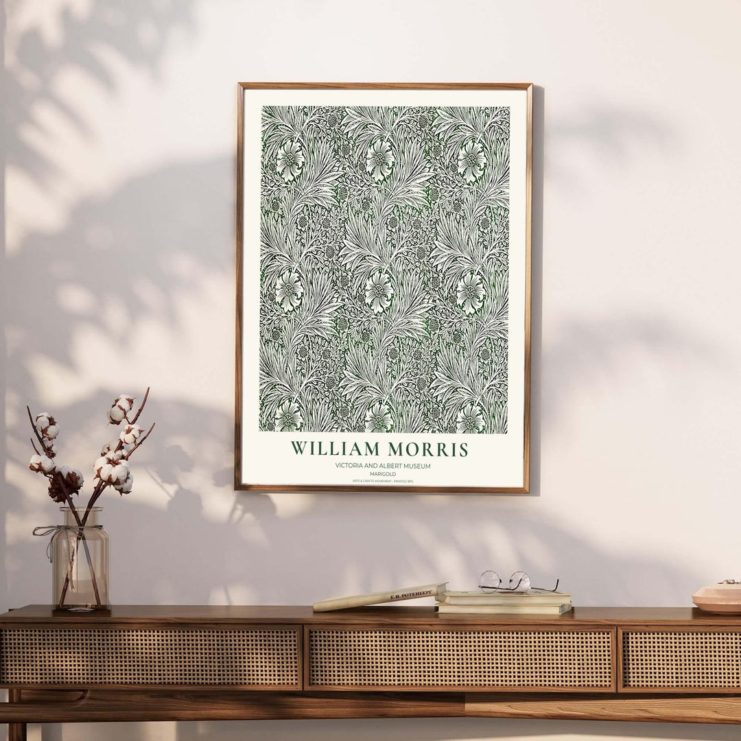 Biophilic green floral tapestry print illustrating William Morris Marigold foliage, designed for cozy interior schemes. Select fine framed, unframed, and canvas options available at MapYourDreams.