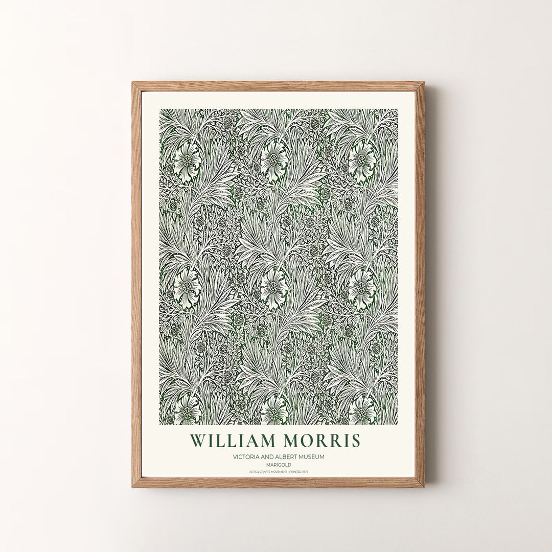 Beautiful William Morris Marigold artwork showcasing 19th-century wallpaper graphics on an olive green field. MapYourDreams presents professional framed, unframed, and canvas options available for display.