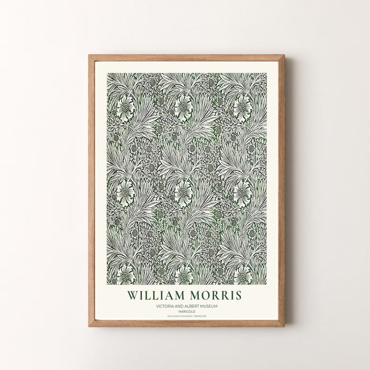 Beautiful William Morris Marigold artwork showcasing 19th-century wallpaper graphics on an olive green field. MapYourDreams presents professional framed, unframed, and canvas options available for display.