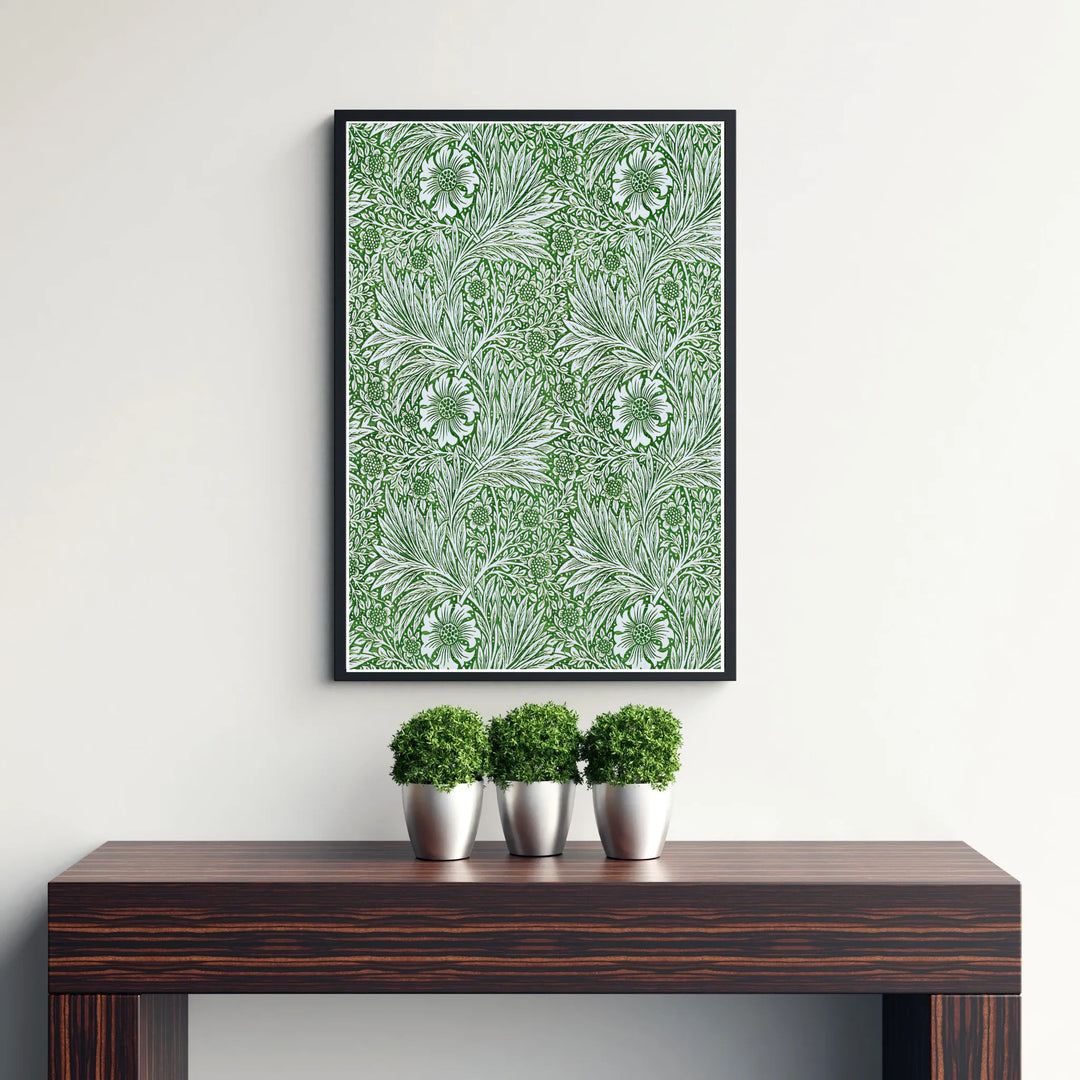Deep green and cream full-bleed Marigold wall hanging for natural home and office gallery displays. Order archival-quality framed, unframed, and canvas options available at MapYourDreams for lasting color.