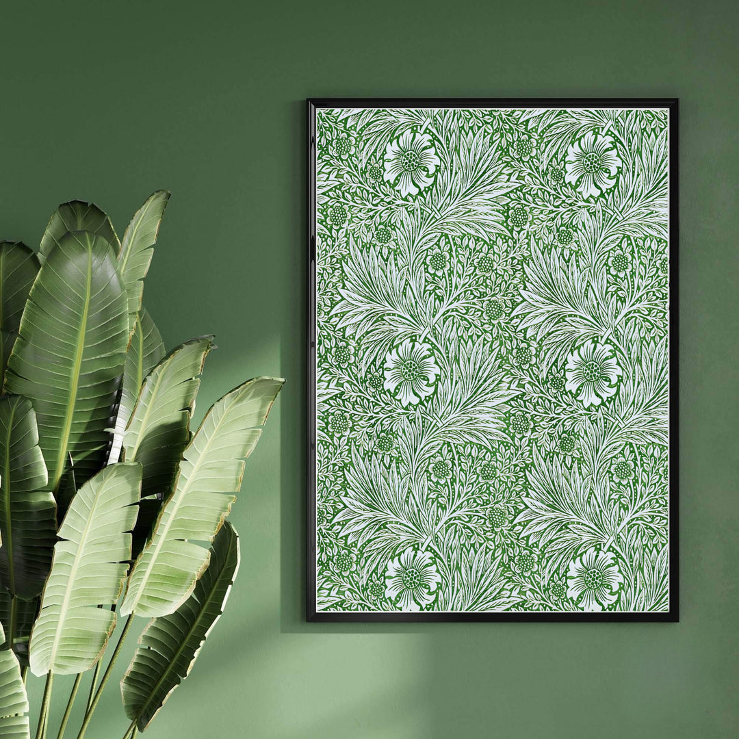 High-contrast green and white botanical pattern artwork by William Morris for vintage decor lovers. Choose premium framed, unframed, and canvas options available at MapYourDreams to match your framing style.