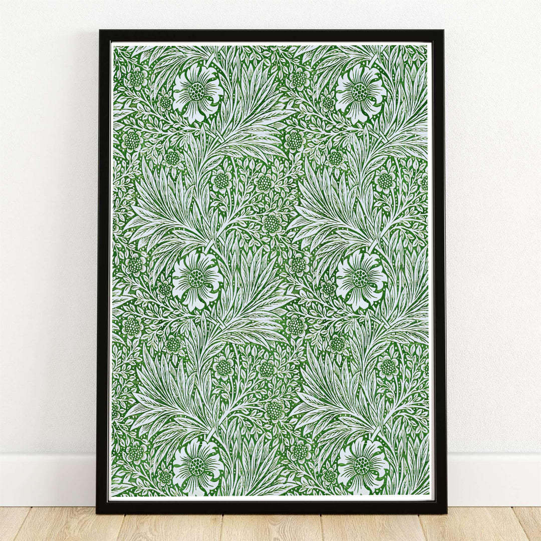 Full-bleed William Morris Marigold print with cream flowers on a rich forest green background. MapYourDreams offers this vintage botanical artwork in framed, unframed, and canvas options available for any room decor.