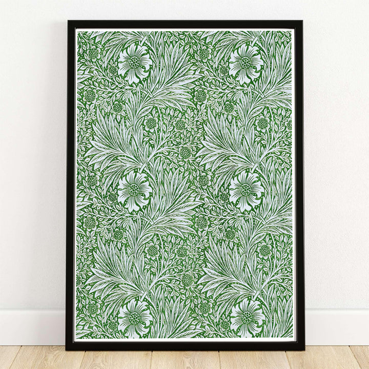 Full-bleed William Morris Marigold print with cream flowers on a rich forest green background. MapYourDreams offers this vintage botanical artwork in framed, unframed, and canvas options available for any room decor.