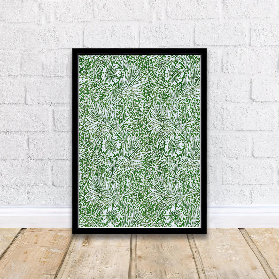 Classic 1875 English floral poster featuring William Morris green marigold graphics for vintage styling. Explore versatile framed, unframed, and canvas options available at MapYourDreams for your interior setup.