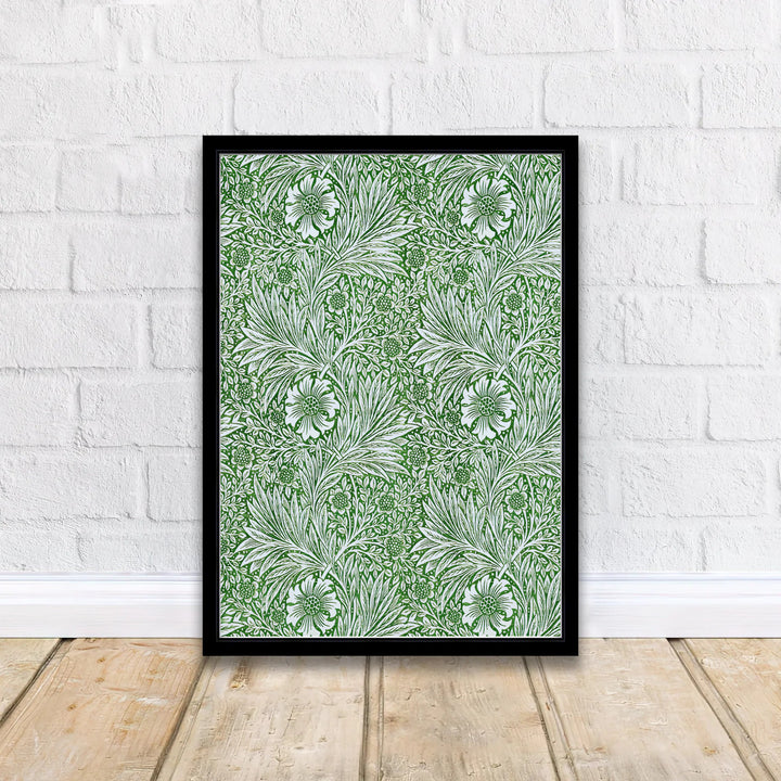 Classic 1875 English floral poster featuring William Morris green marigold graphics for vintage styling. Explore versatile framed, unframed, and canvas options available at MapYourDreams for your interior setup.
