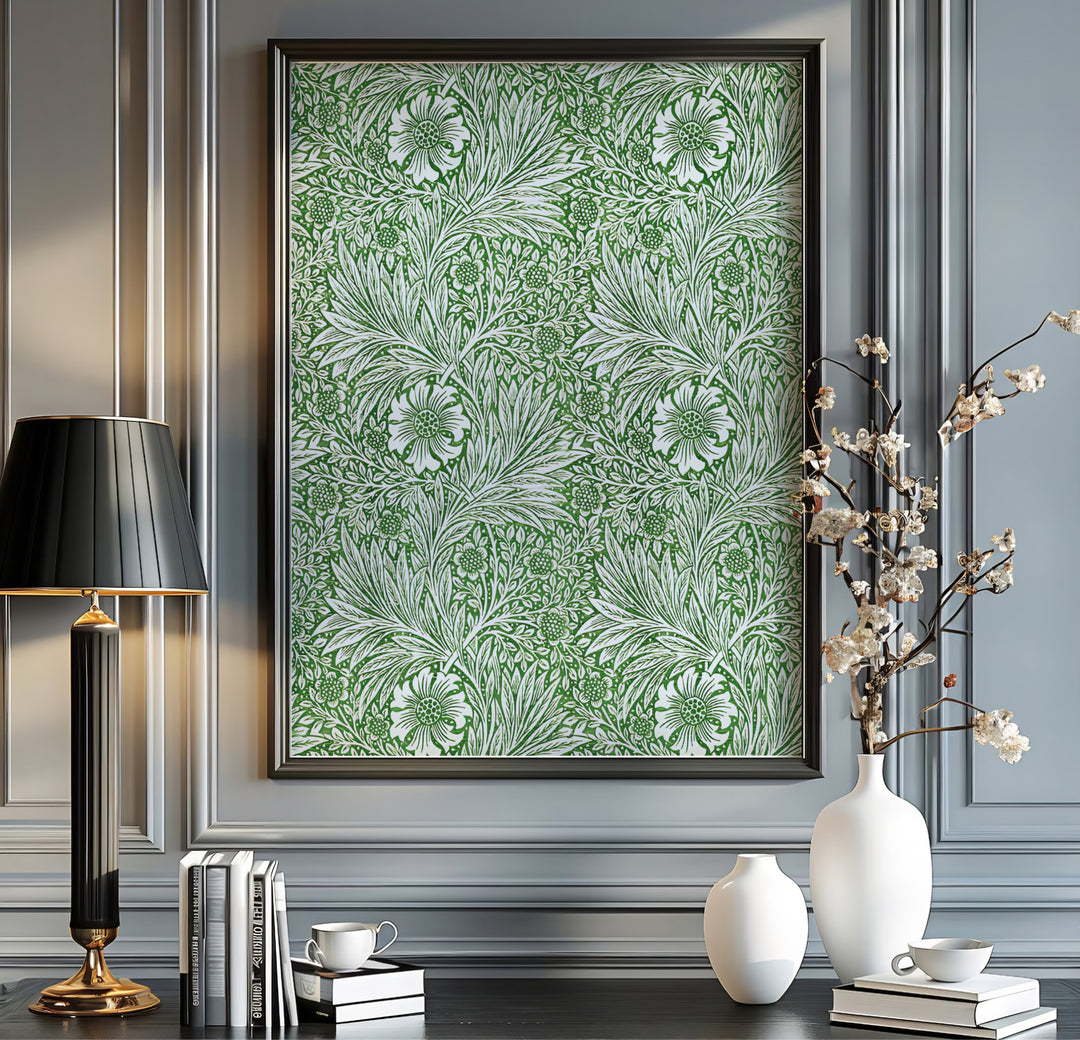 Charming green floral poster showing classic 19th-century William Morris marigold foliage in full bleed. MapYourDreams features top-quality framed, unframed, and canvas options available for any room design.