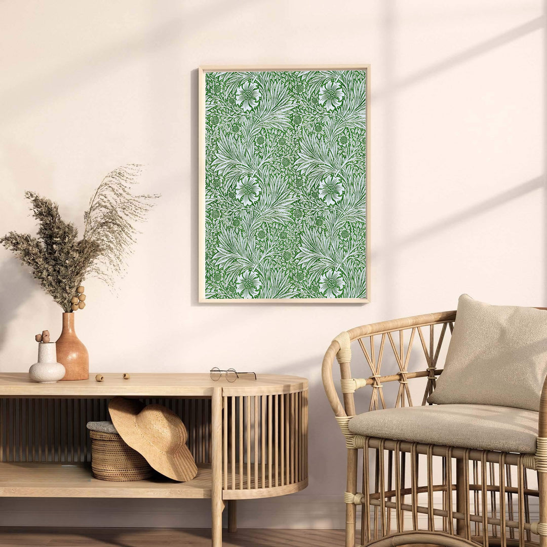 Detailed cream marigold flowers and green scrolling leaves on a full-bleed print by MapYourDreams. Buy museum-grade framed, unframed, and canvas options available online to refresh your living space.