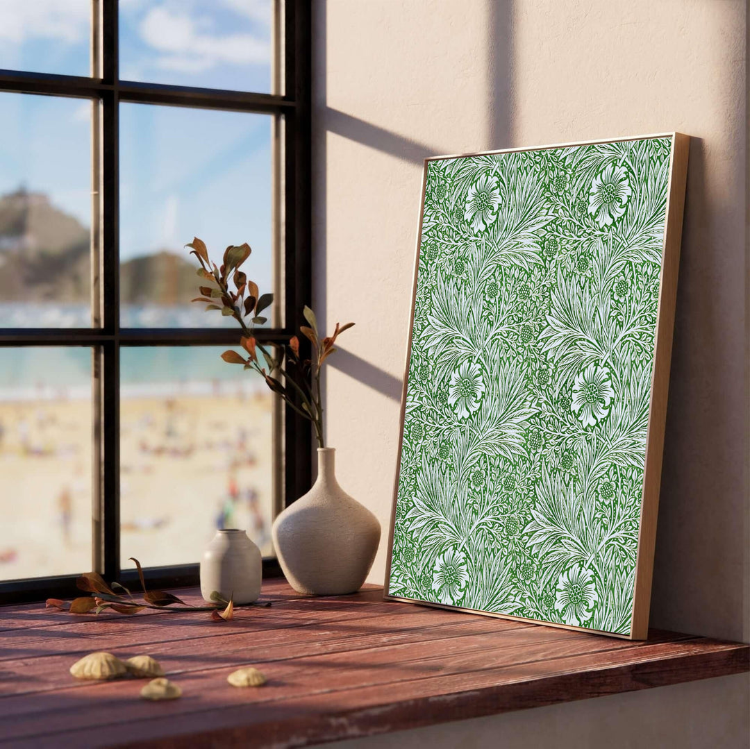 Close-up view of detailed cream marigold petals and green leaf patterns in a full-bleed William Morris art print. Shop durable framed, unframed, and canvas options available online today from MapYourDreams.
