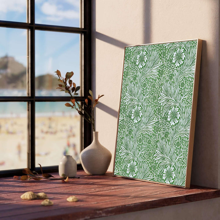 Close-up view of detailed cream marigold petals and green leaf patterns in a full-bleed William Morris art print. Shop durable framed, unframed, and canvas options available online today from MapYourDreams.
