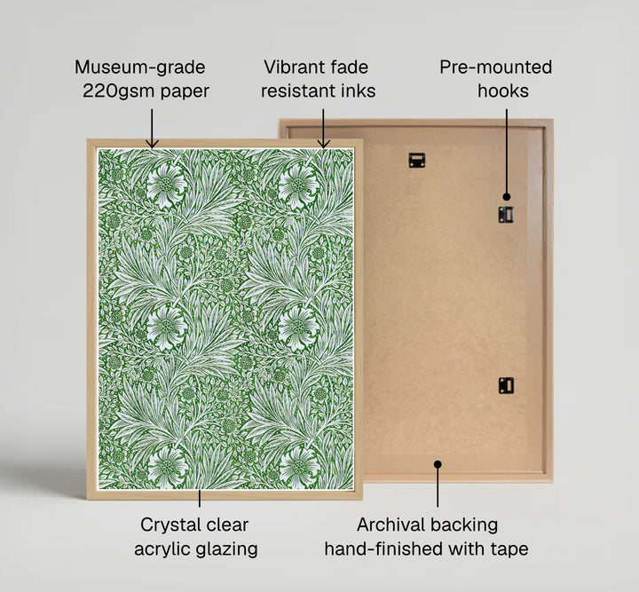 Historic Arts and Crafts green floral print with cream marigold flowers and dark green leaves. MapYourDreams provides custom framed, unframed, and canvas options available to bring nature-inspired beauty to your home.