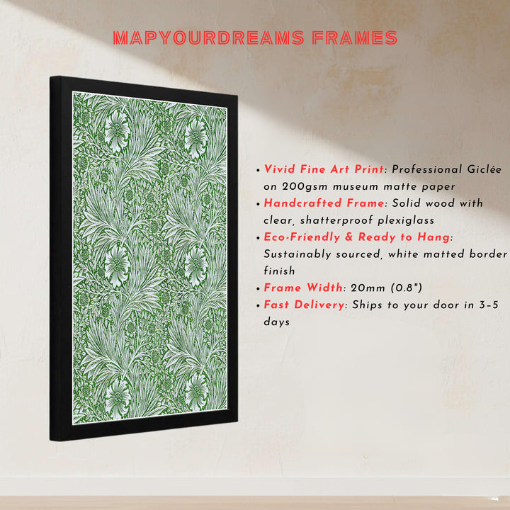 Full-bleed green and cream Marigold art print by William Morris, perfect for nature-inspired interiors. MapYourDreams offers classic framed, unframed, and canvas options available for fast shipping.
