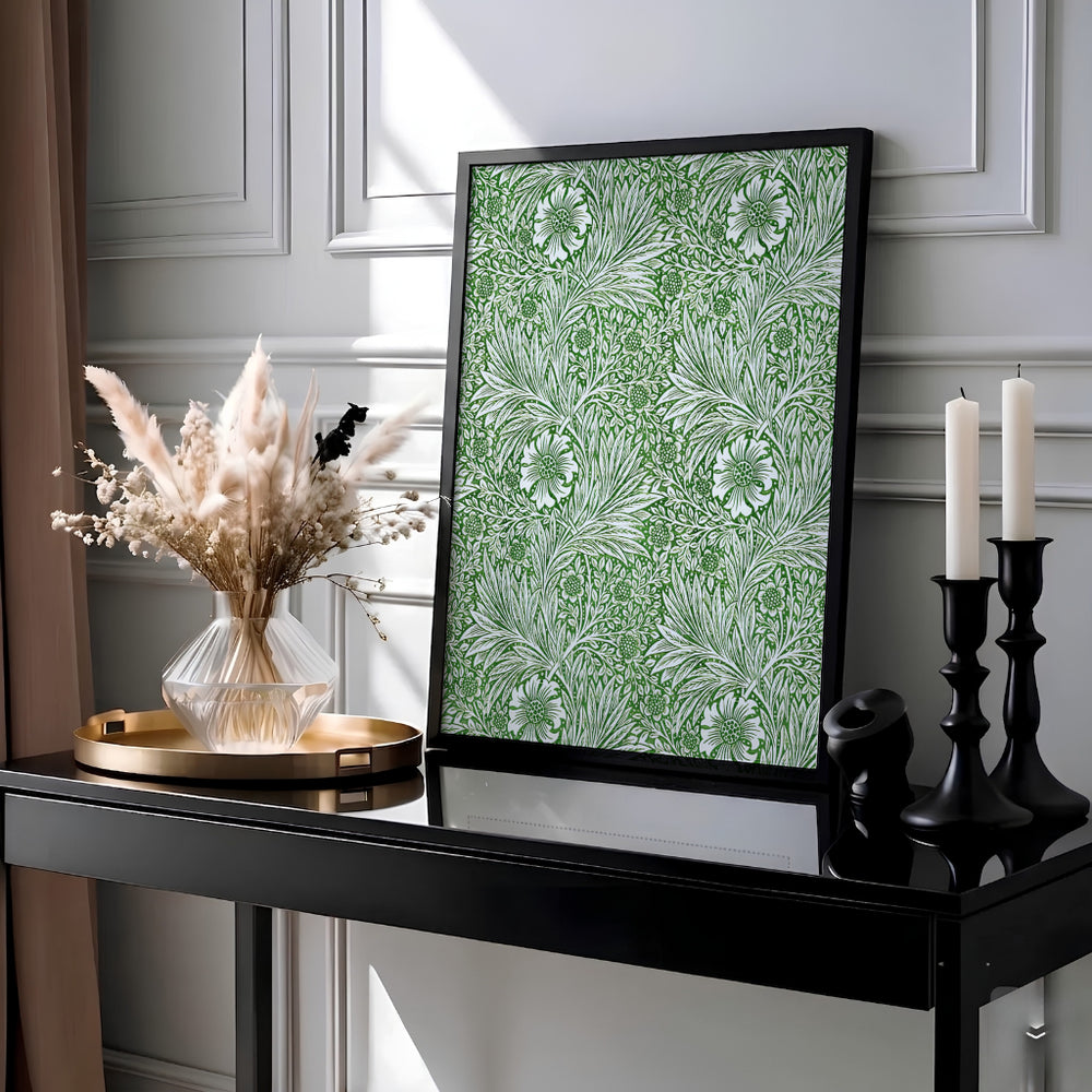 Intricate 1875 William Morris green botanical wall art print featuring swirling marigold blossoms. Discover high-quality framed, unframed, and canvas options available at MapYourDreams to style your living room walls.