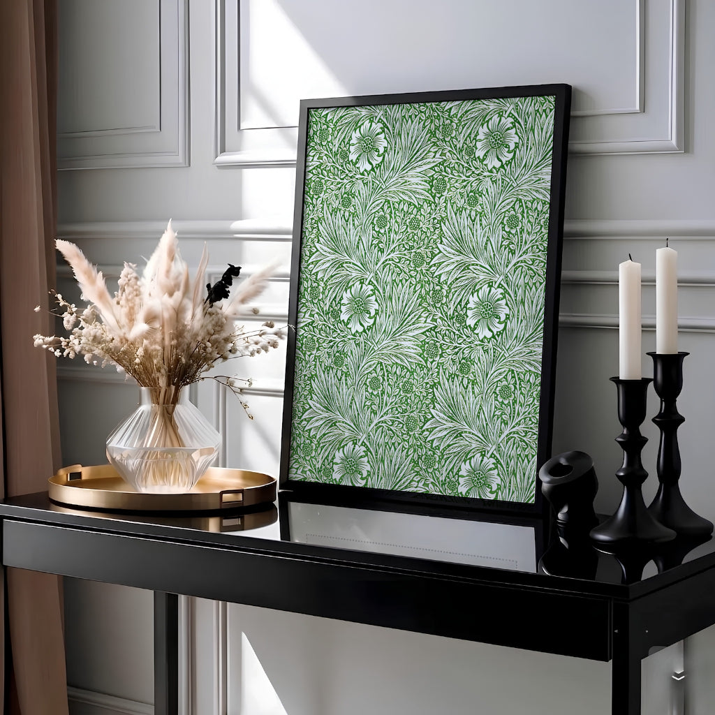 Intricate 1875 William Morris green botanical wall art print featuring swirling marigold blossoms. Discover high-quality framed, unframed, and canvas options available at MapYourDreams to style your living room walls.