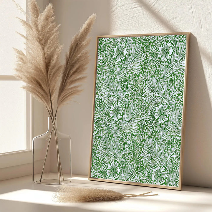 Biophilic green floral canvas print illustrating William Morris marigold foliage for nature-inspired homes. Order tailored framed, unframed, and canvas options available from MapYourDreams today.