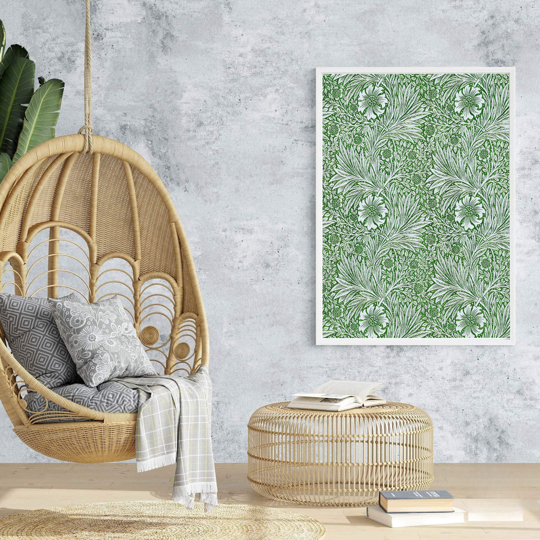 Fine art print of the full-bleed green William Morris Marigold design, ideal for gallery walls. MapYourDreams presents professional framed, unframed, and canvas options available for immediate display.