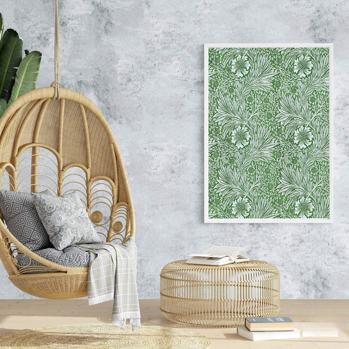 Fine art print of the full-bleed green William Morris Marigold design, ideal for gallery walls. MapYourDreams presents professional framed, unframed, and canvas options available for immediate display.