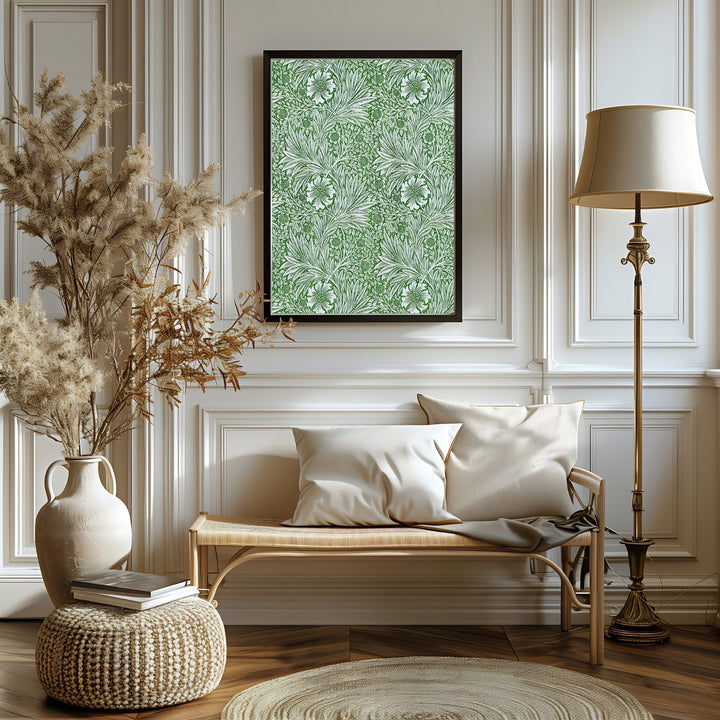 Relaxing bedroom wall art print displaying 1875 William Morris green marigold vines by MapYourDreams. Explore our range of framed, unframed, and canvas options available to match your interior theme.