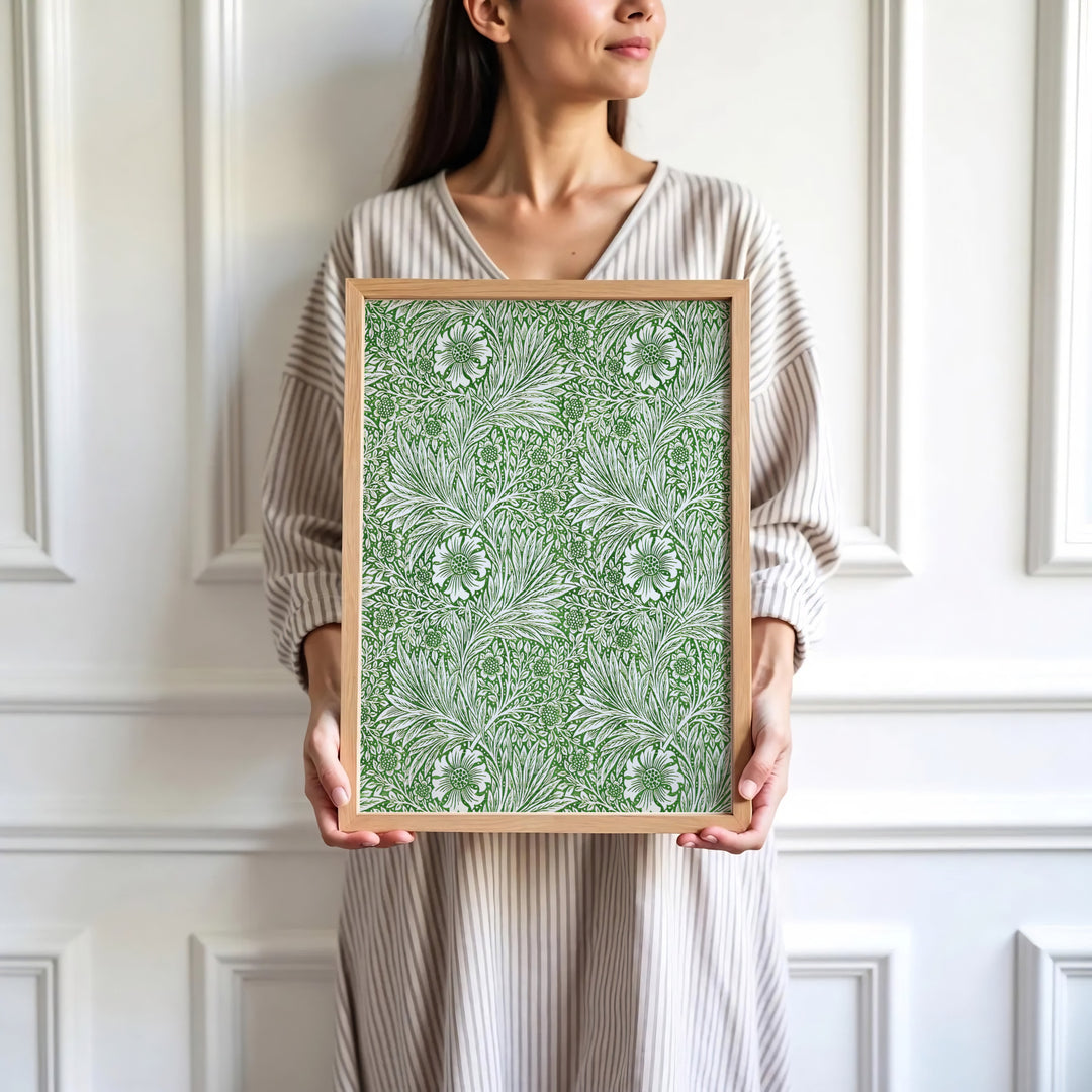 Edge-to-edge green William Morris botanical art print designed to blend seamlessly with any wall style. MapYourDreams provides custom framed, unframed, and canvas options available for art lovers.