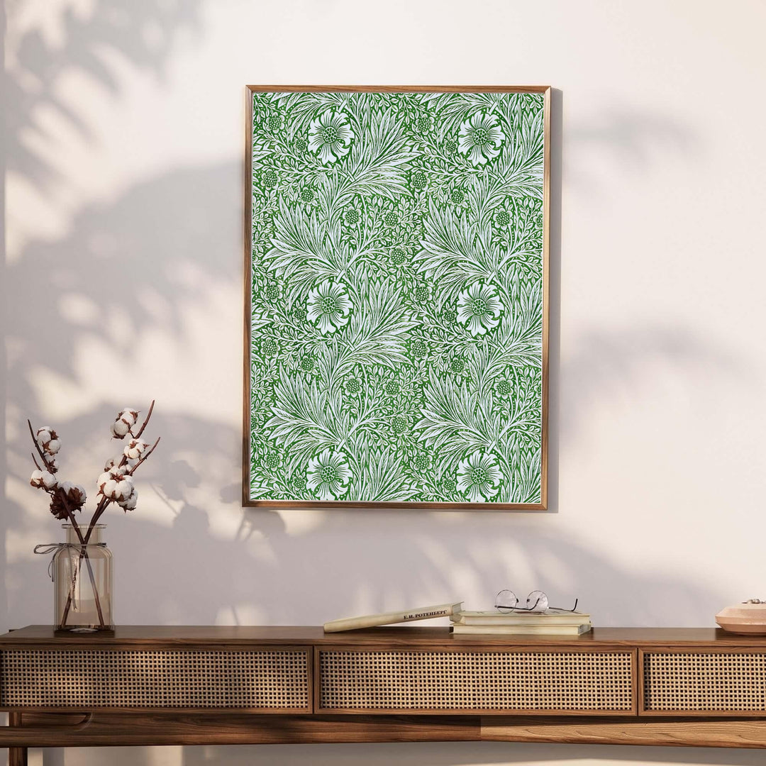 Vibrant full-bleed green marigold floral poster for gallery walls, printed with fade-resistant inks. Find beautiful framed, unframed, and canvas options available at MapYourDreams for your home space.
