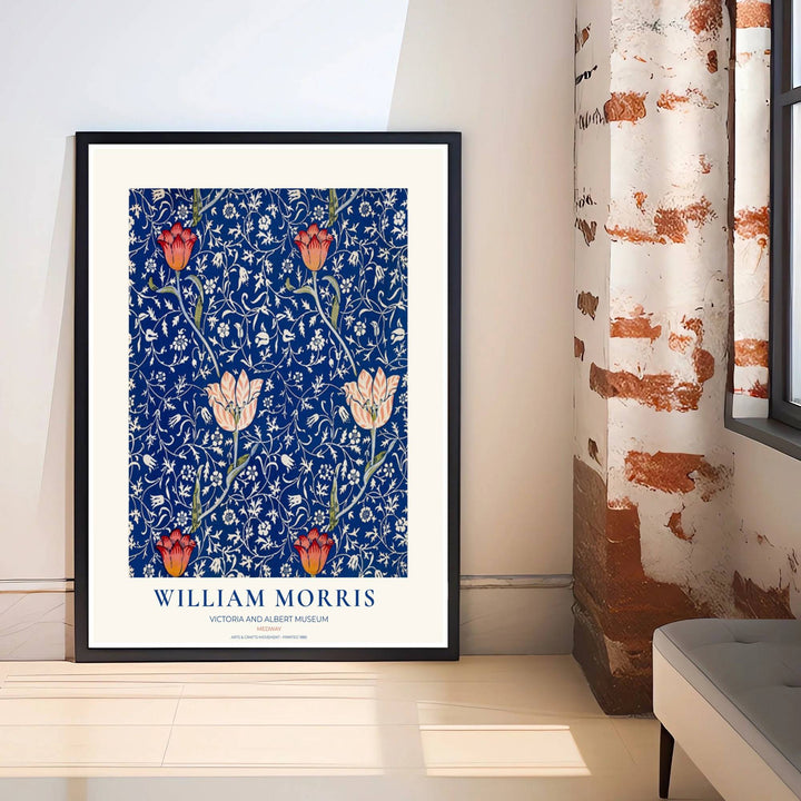 Close-up view of red tulip petals and white floral vines in a William Morris Medway poster. Shop durable framed, unframed, and canvas options available online today at MapYourDreams for vintage botanical wall styling.