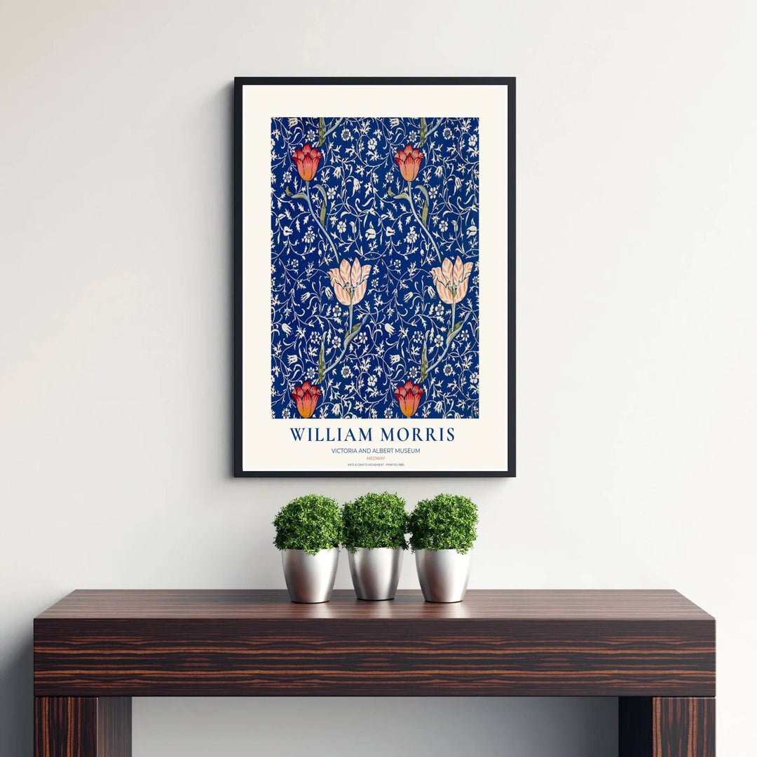 Striking cobalt blue and red floral art poster by William Morris, perfect for dining room wall art. Select your favorite framed, unframed, and canvas options available at MapYourDreams for a timeless decorative look.