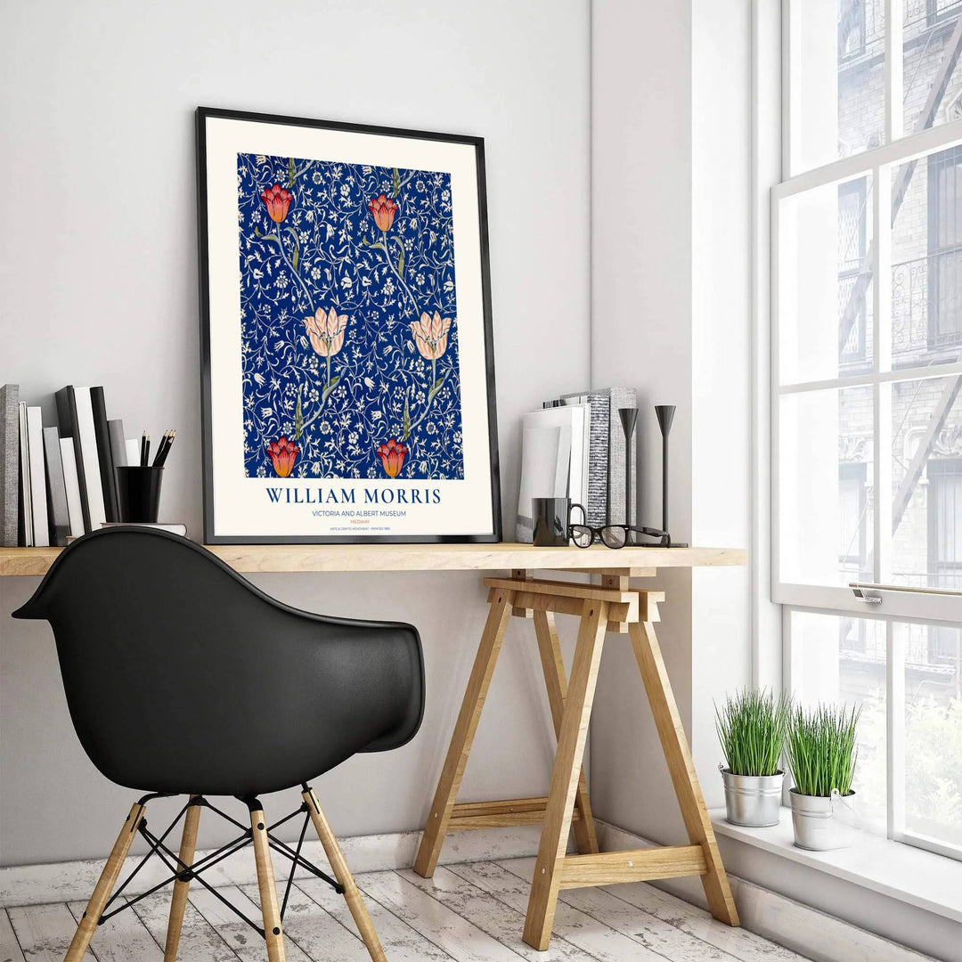 Upright red tulip blooms and white scrolling leaves in a fine art print from MapYourDreams. Browse our collection of elegant framed, unframed, and canvas options available for modern home wall decor setups