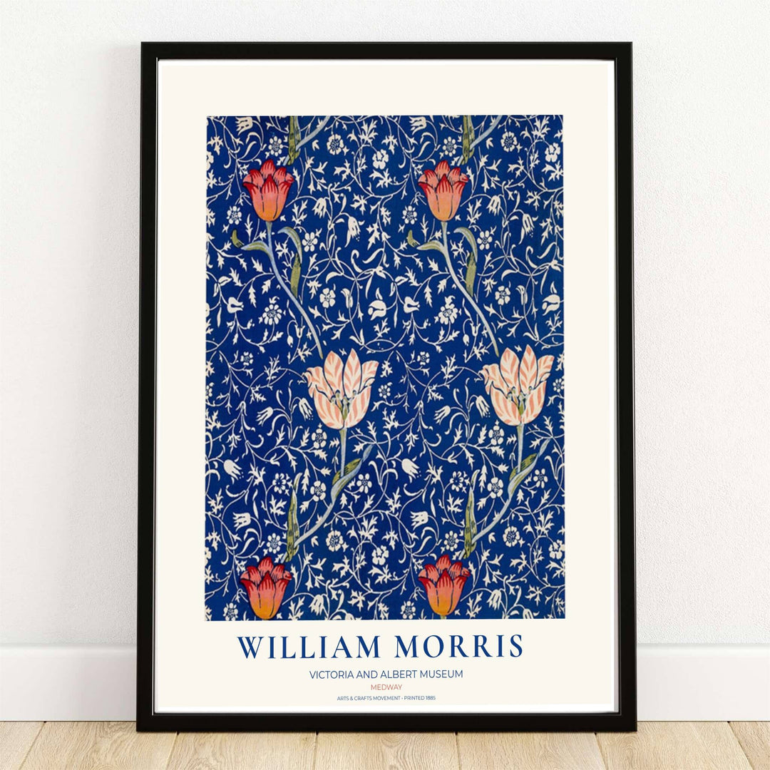 William Morris Medway print featuring red tulips over cobalt blue. MapYourDreams provides this vintage floral artwork in framed, unframed, and canvas options available for red tulip wall decor and living room gallery walls.