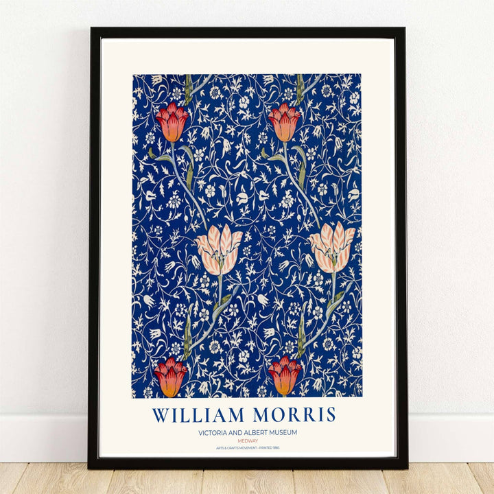 William Morris Medway print featuring red tulips over cobalt blue. MapYourDreams provides this vintage floral artwork in framed, unframed, and canvas options available for red tulip wall decor and living room gallery walls.