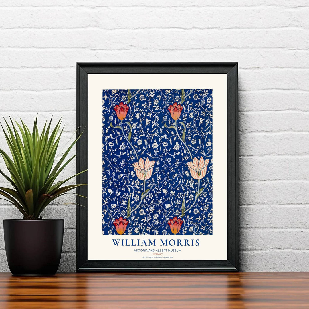High-contrast red tulip and cobalt blue botanical pattern artwork by William Morris. Choose premium framed, unframed, and canvas options available at MapYourDreams to suit your custom picture frame choices.
