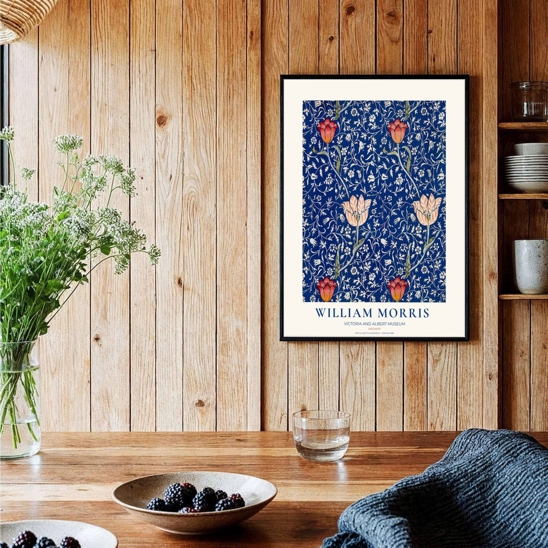 Historic 1885 English cotton pattern poster featuring William Morris Medway tulips. Explore versatile framed, unframed, and canvas options available at MapYourDreams for vintage home gallery wall layouts.