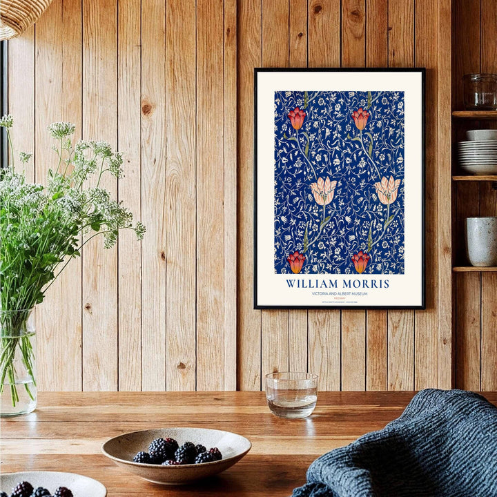 Historic 1885 English cotton pattern poster featuring William Morris Medway tulips. Explore versatile framed, unframed, and canvas options available at MapYourDreams for vintage home gallery wall layouts.