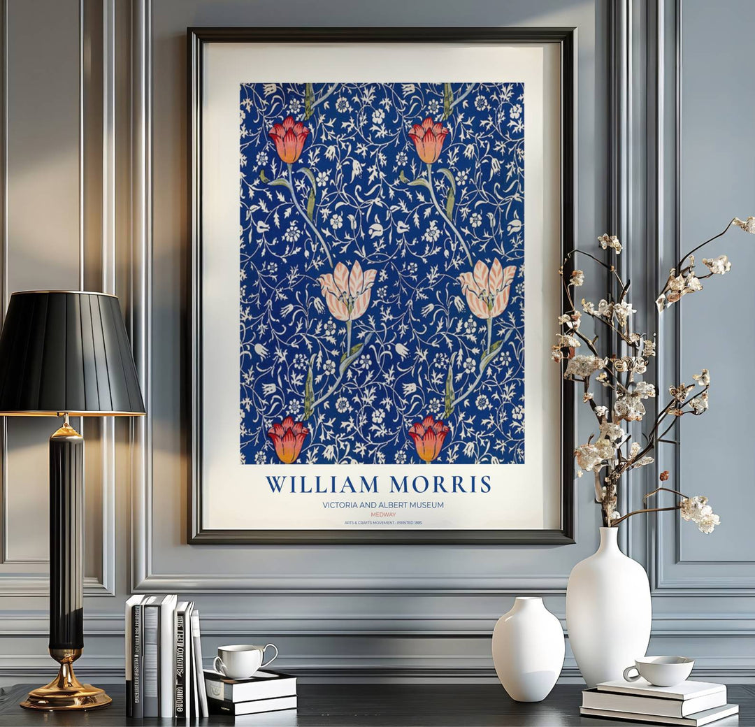Vibrant blue red tulip floral poster for gallery walls, printed with fade-resistant archival inks. Find beautiful framed, unframed, and canvas options available at MapYourDreams for your home space.