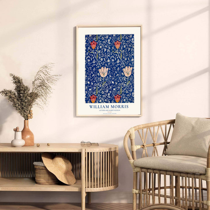 Archival quality William Morris blue and red tulip poster printed on durable matte paper. Find stunning framed, unframed, and canvas options available at MapYourDreams to complement your room colors.
