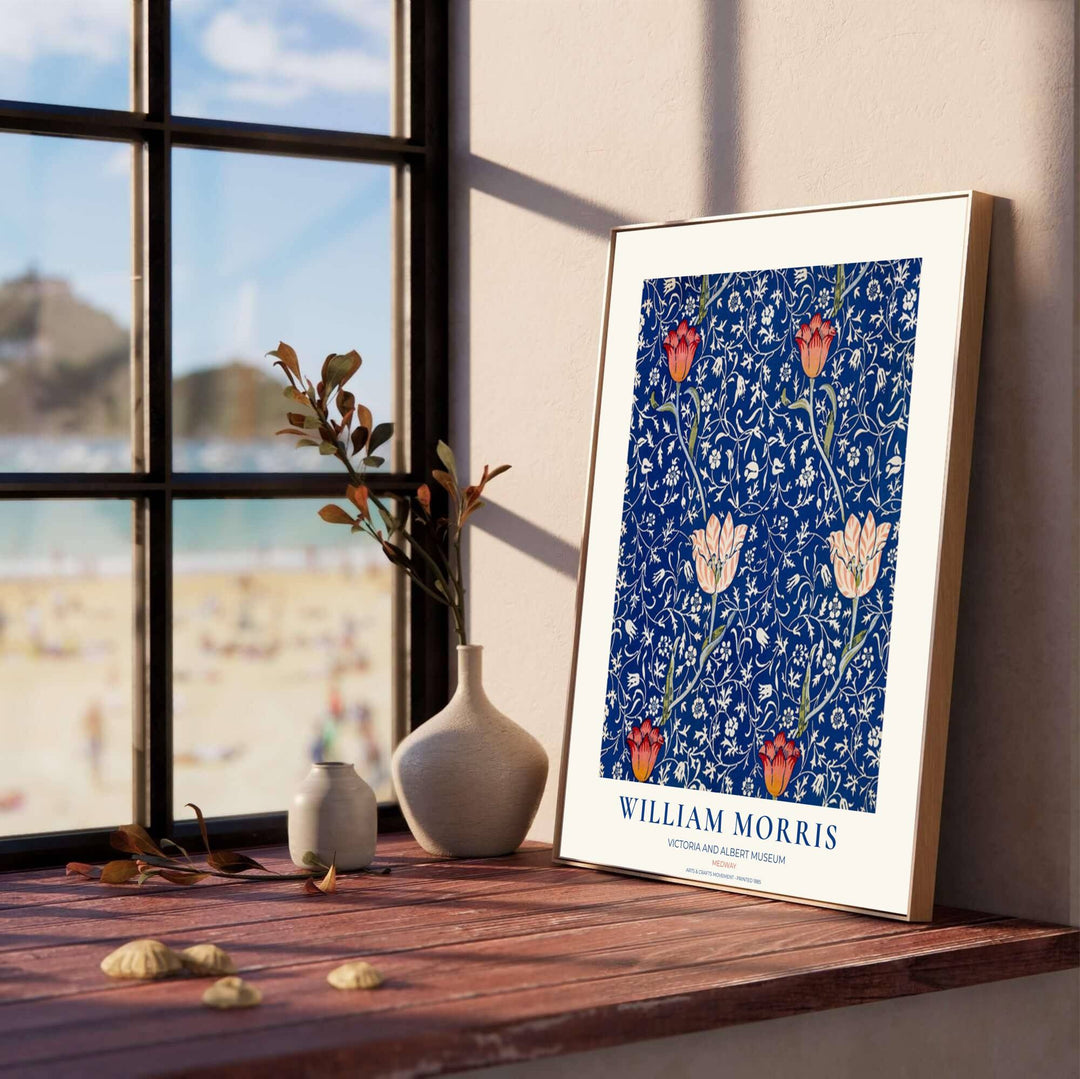 Dramatic cobalt blue wall art print highlighting William Morris&