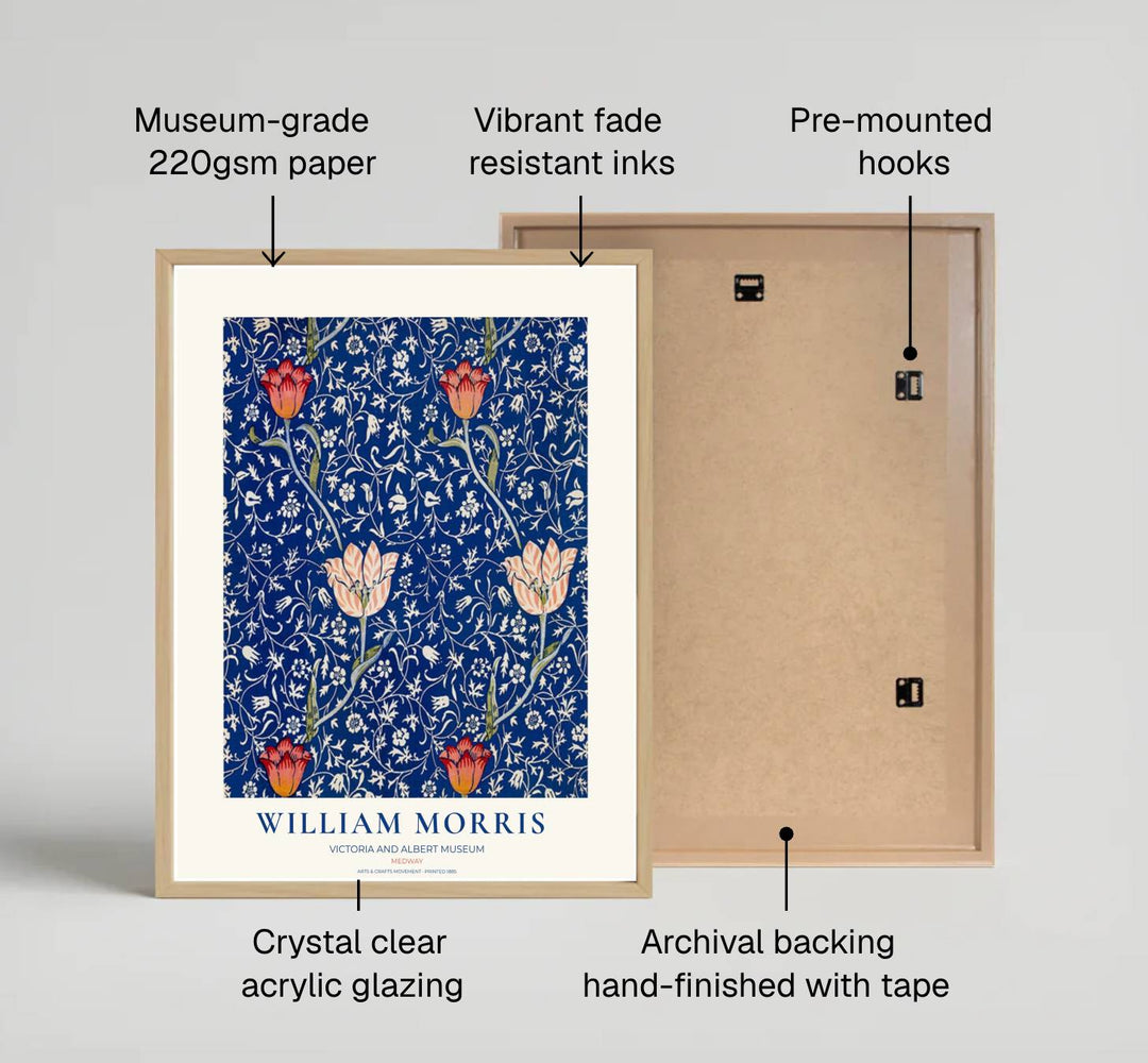 Intricate 1885 William Morris blue and red tulip art print. Discover high-quality framed, unframed, and canvas options available at MapYourDreams to add classic Arts and Crafts Movement wall art to your home interior decor.