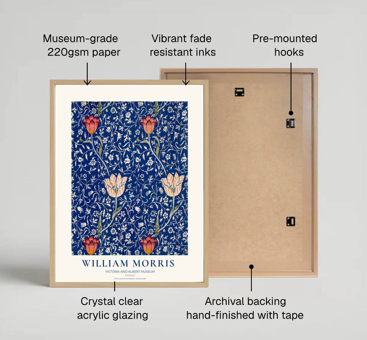 Intricate 1885 William Morris blue and red tulip art print. Discover high-quality framed, unframed, and canvas options available at MapYourDreams to add classic Arts and Crafts Movement wall art to your home interior decor.