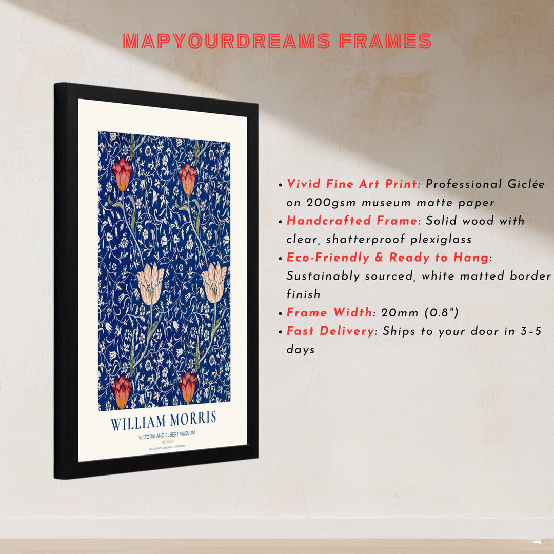 Restored 1885 William Morris Medway artwork combining historic British craft with modern frames. MapYourDreams delivers beautiful framed, unframed, and canvas options available to suit your home decor.
