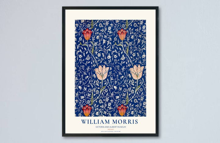 Bold red tulip wall poster with intricate cobalt pattern details, ideal for entryway wall decor. Discover flexible framed, unframed, and canvas options available today at MapYourDreams for art lovers.