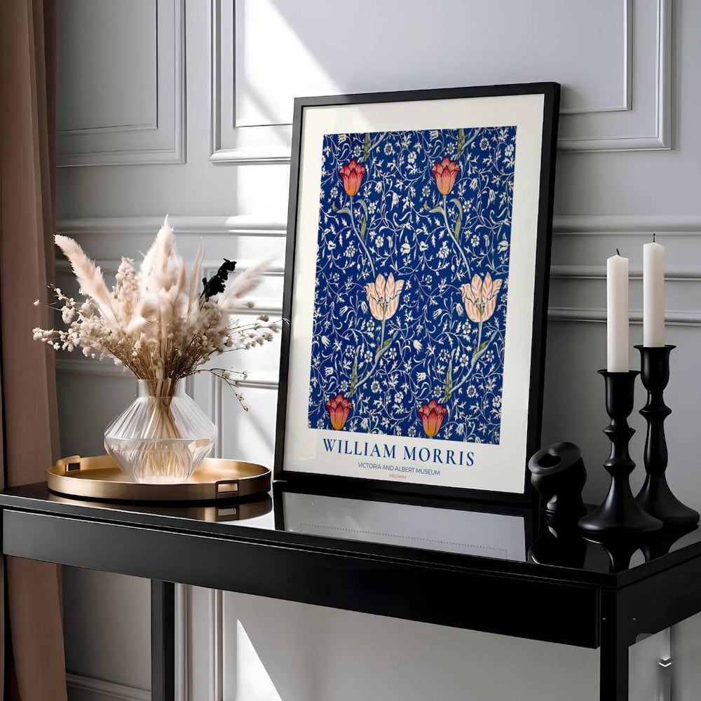 Historic Victorian floral exhibition poster with vibrant red tulips and delicate white foliage. MapYourDreams offers custom framed, unframed, and canvas options available to bring classic English heritage art to your space.