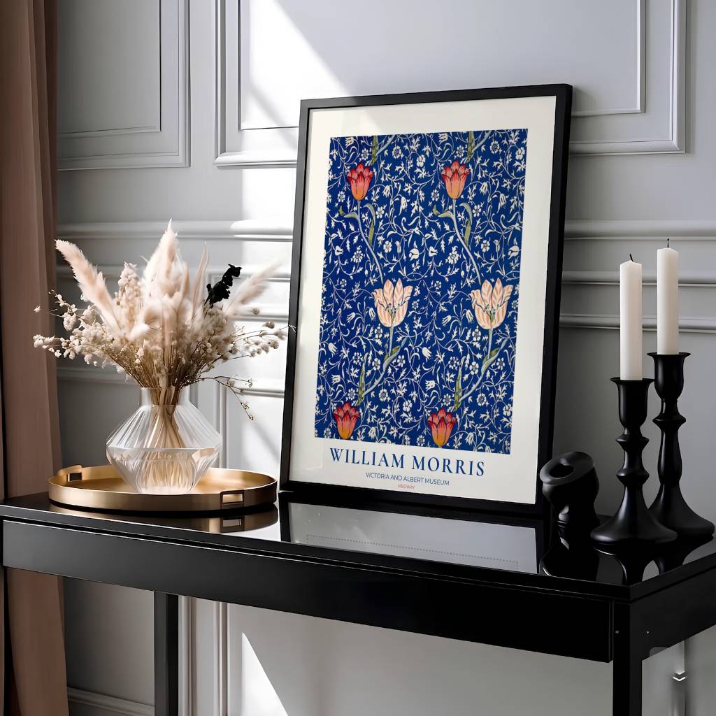 Historic Victorian floral exhibition poster with vibrant red tulips and delicate white foliage. MapYourDreams offers custom framed, unframed, and canvas options available to bring classic English heritage art to your space.