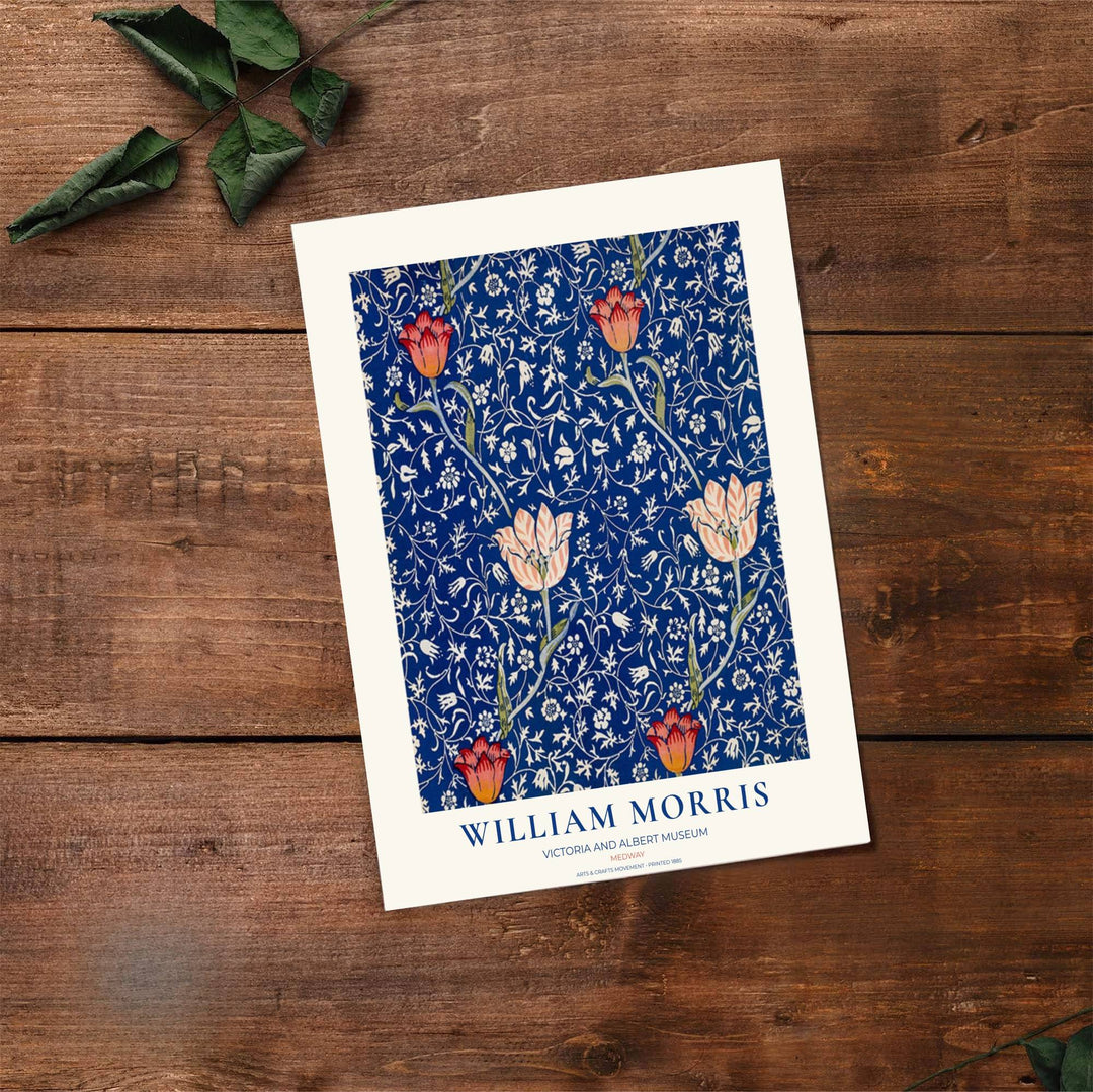 Royal blue and red tulip art print by William Morris, perfect for nature-inspired interiors. MapYourDreams offers classic framed, unframed, and canvas options available for fast and reliable shipping.