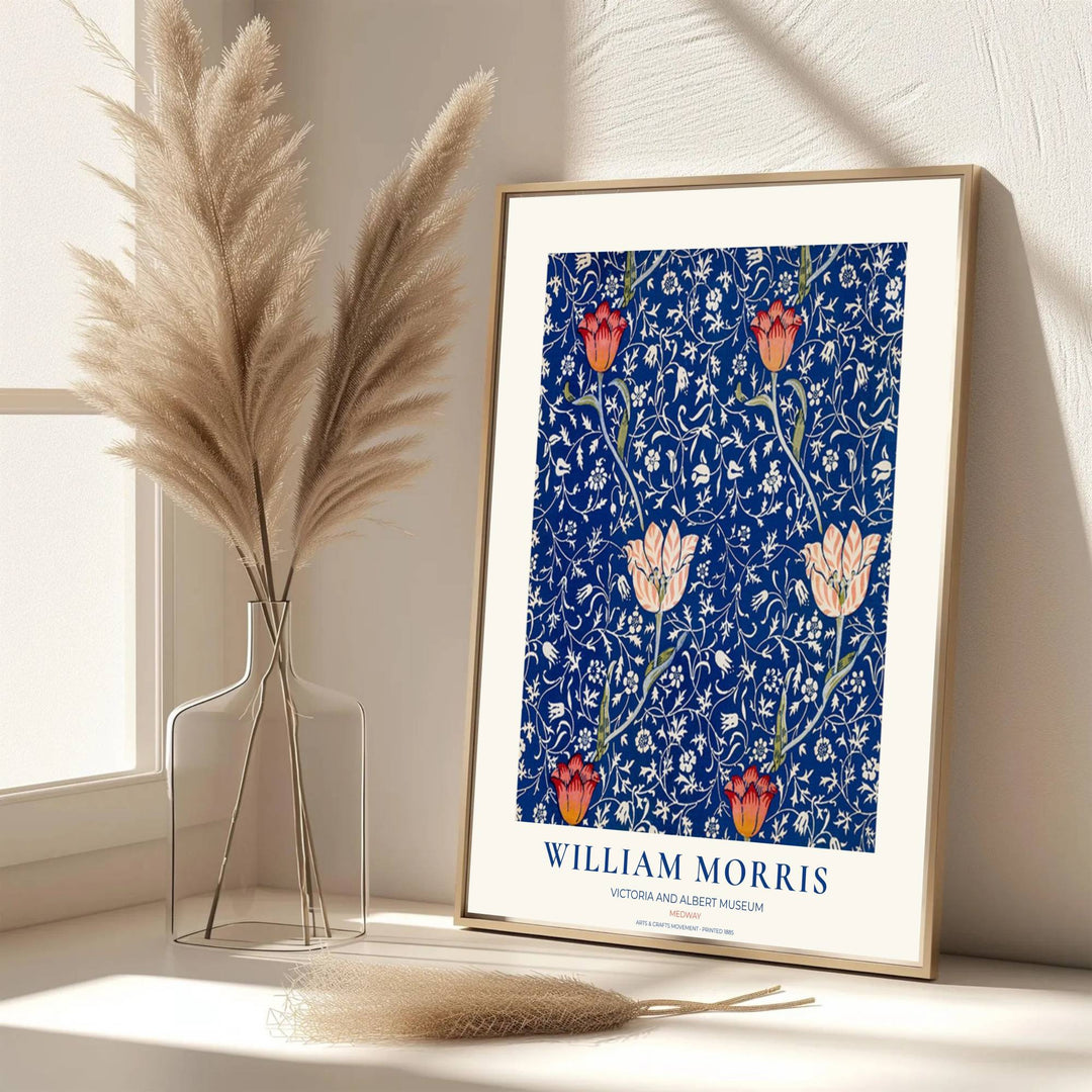 Vintage English floral print showing a dense tapestry of white vines and red tulips from MapYourDreams. Select archival framed, unframed, and canvas options available to complete your wall design.